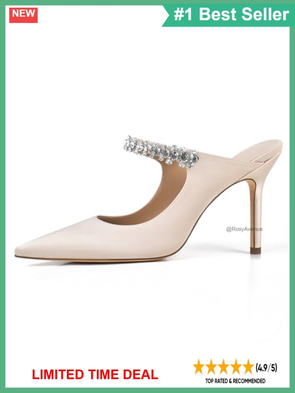 Rhinestone Satin Heeled Mules Pointed Toe Slip On 4 Inch Stiletto Dress Wedding